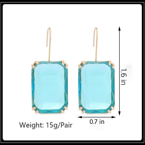 14K GOLD MEGA EMERALD CUT SIMULATED BLUE TOPAZ CUSHION EARRINGS - Picture 4 of 7